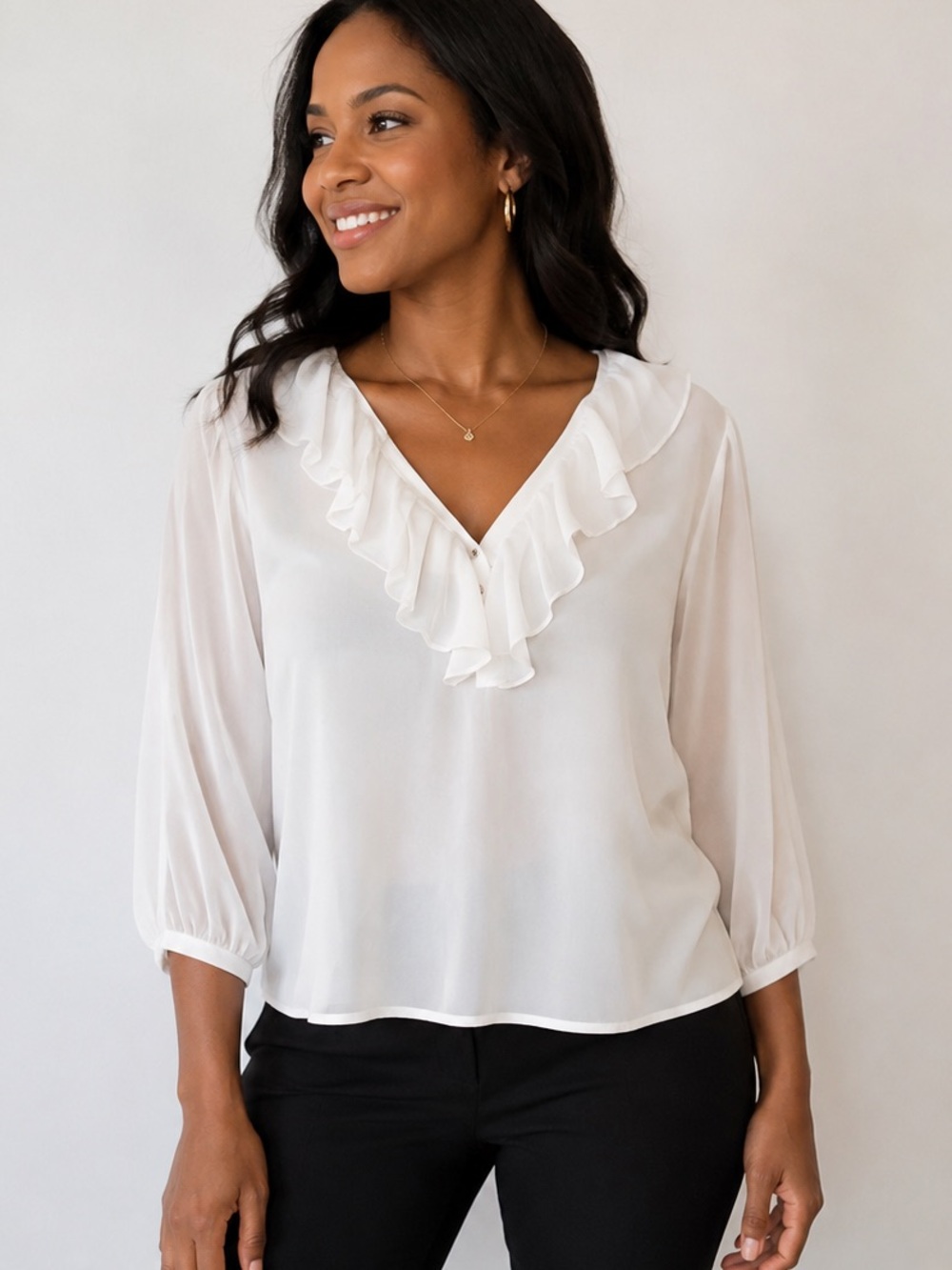 PerSeption concept White ruffle Front‎ sheer Long-sleeve top, size M, NWOT